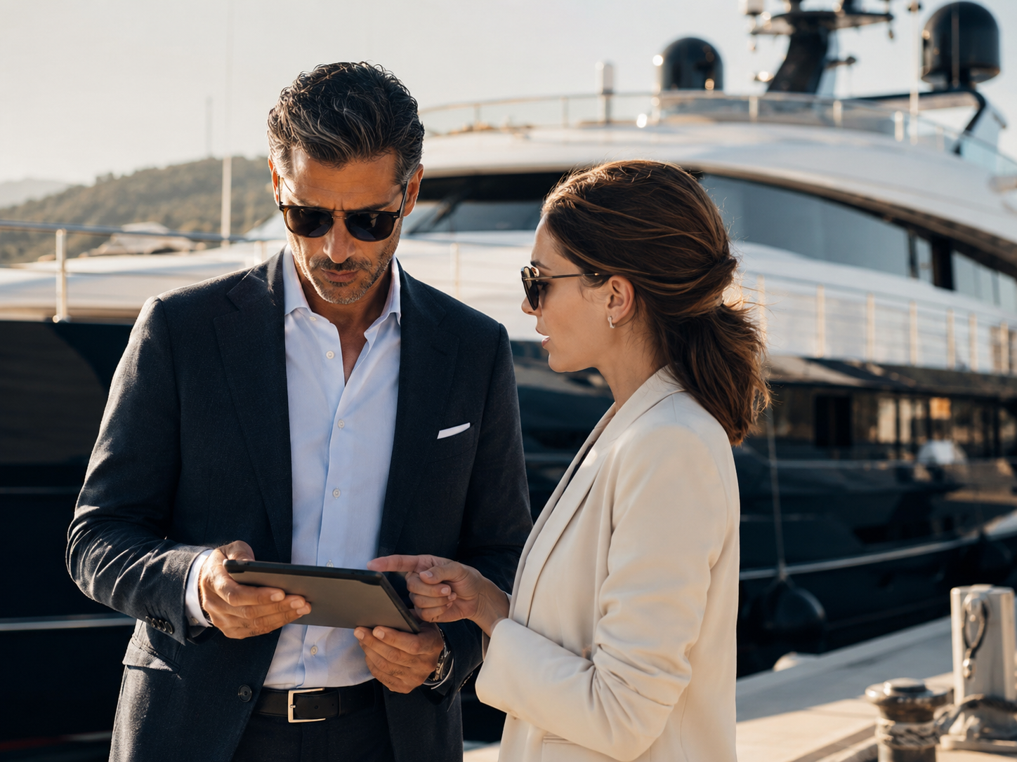 Two professionals reviewing plans during a private yacht consultation