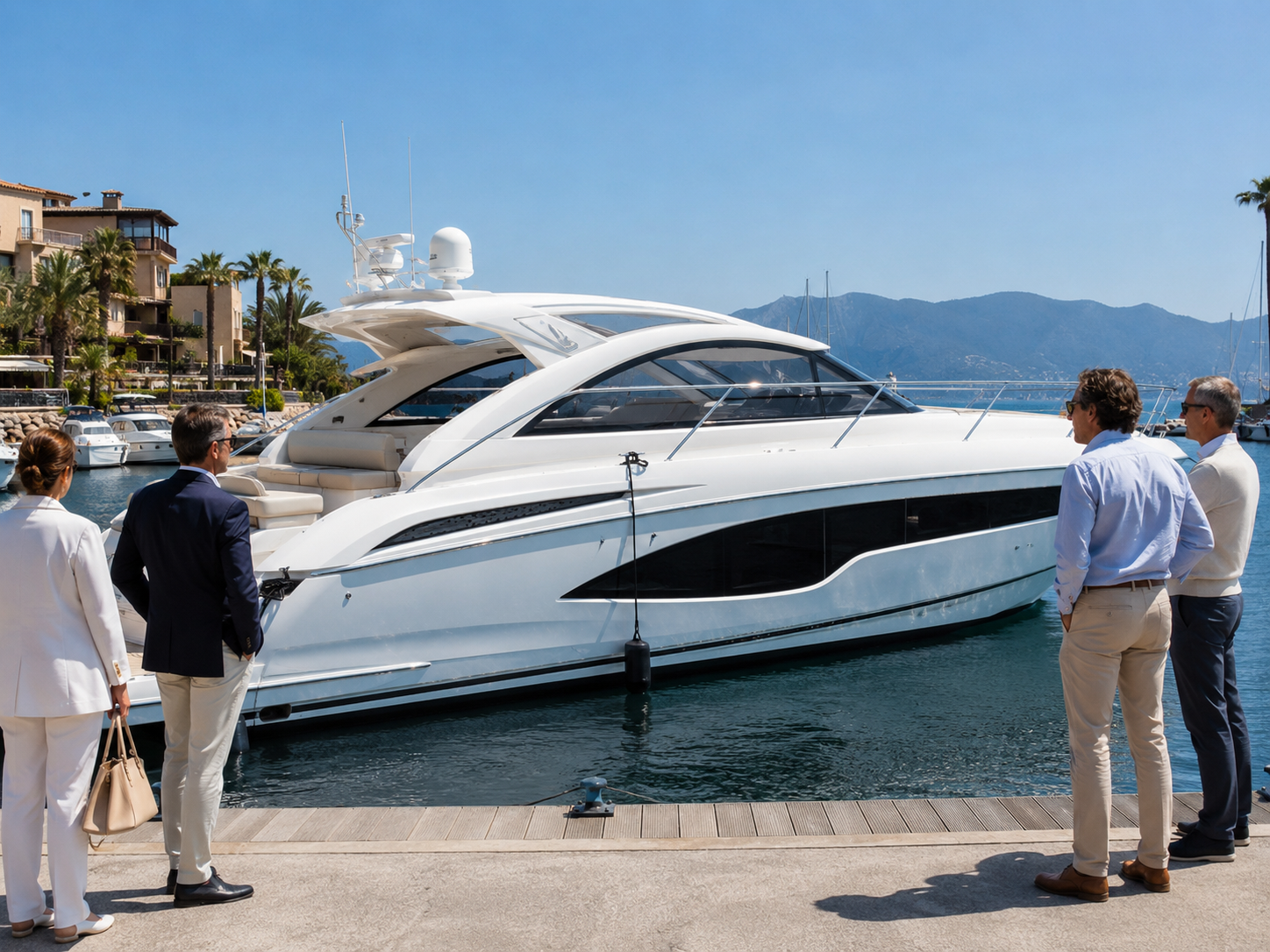 Princess V50 style motor yacht observed by visitors at a luxury marina